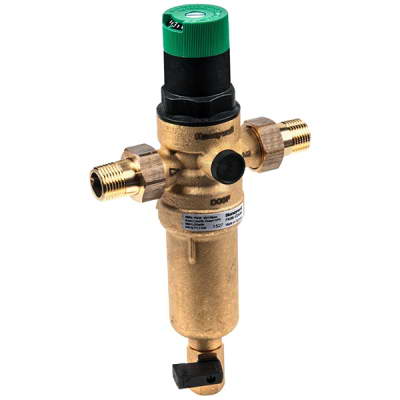 Фильтр сетчатый T-образный латунь Ду15 Ру25, до 70°C, G1/2″ НР FK06 с регулятором давления Honeywell FK06-1/2″AAM